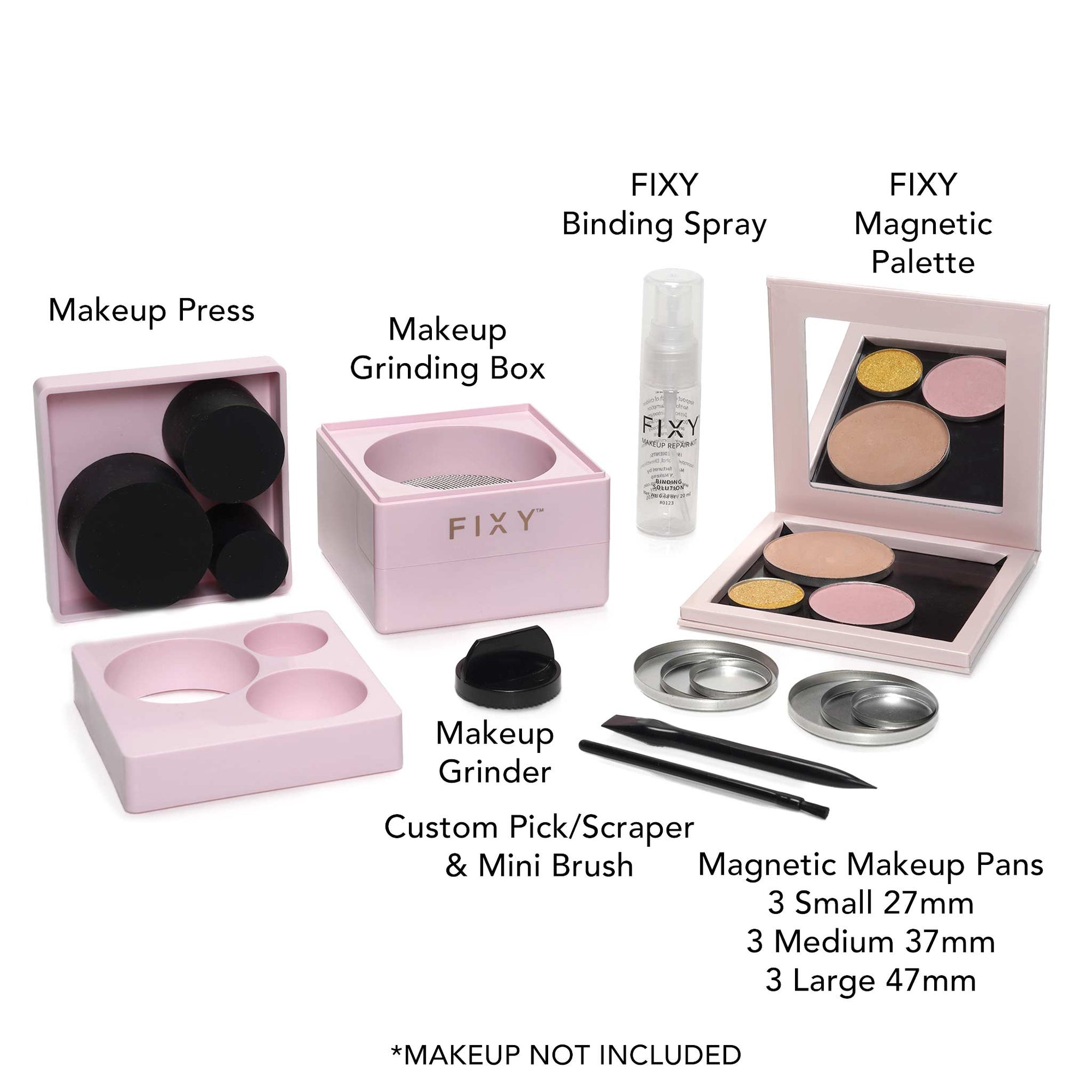 Components of FIXY Makeup Circle Repressing Kit include a Makeup Press, Grinding Box, Grinder, Binding Spray, Magnetic Palette, Custom Pick/Scraper with Mini Brush, and Magnetic Makeup Pans in three sizes. Each item is labeled for identification. Note: Makeup not included