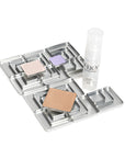 FIXY Ultimate Makeup Refill Kit with 10 each of small (21x21mm), medium (31.5x28.5mm), and large (41x41mm) empty square magnetic pans, three pans filled with makeup for display, and a 0.68 oz FIXY Binding Spray bottle, for makeup repair and customization